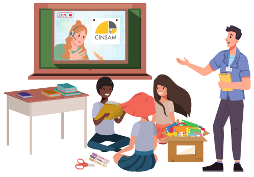 STEM2U: Live and Recorded STEM Lessons A graphical representation of an elementary-middle school teacher and three students in a classroom doing a guided STEM lesson while CINSAM demonstrates via live-stream on the classroom projector screen.