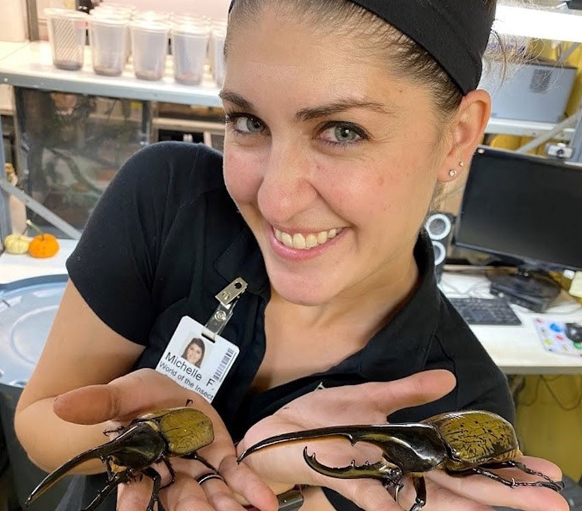 Michelle Griesinger smiles while holding two giant beetles.