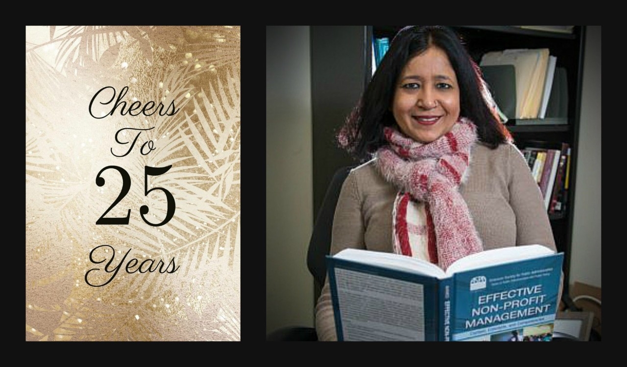 Dr. Ahmed Headshot and cheers to 25 sign