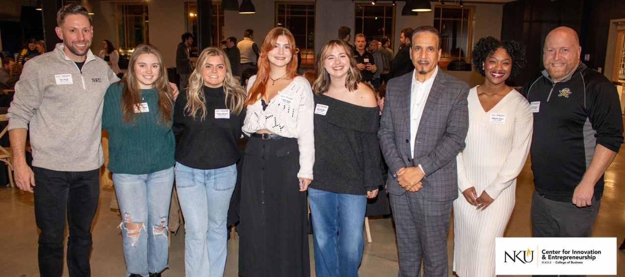 Zac Strobl ('10, CIE Director), Liz Shrout ('22), Meggan Burriss ('23), Caden Adams ('22), Kayla Braden ('22), Dean Hassan Hassabelnaby, Brittany Styles ('22), Jeff Varrone ('02, CIE Assistant Director)