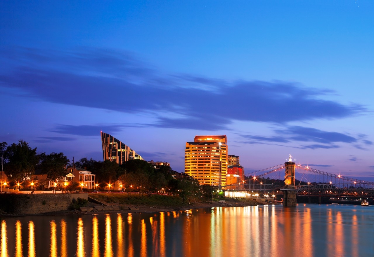 Covington Kentucky At Night Newport KY skyline at night time.