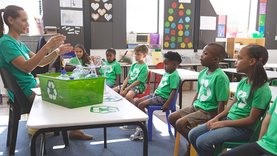 A teacher speaking to children about recycling